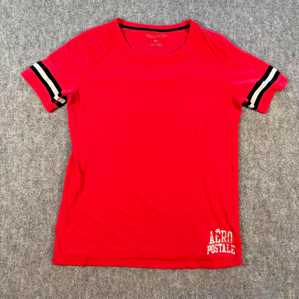 Aeropostale Red Tee M Striped Sleeves Brooklyn Graphic 60/40 Cotton-Poly*